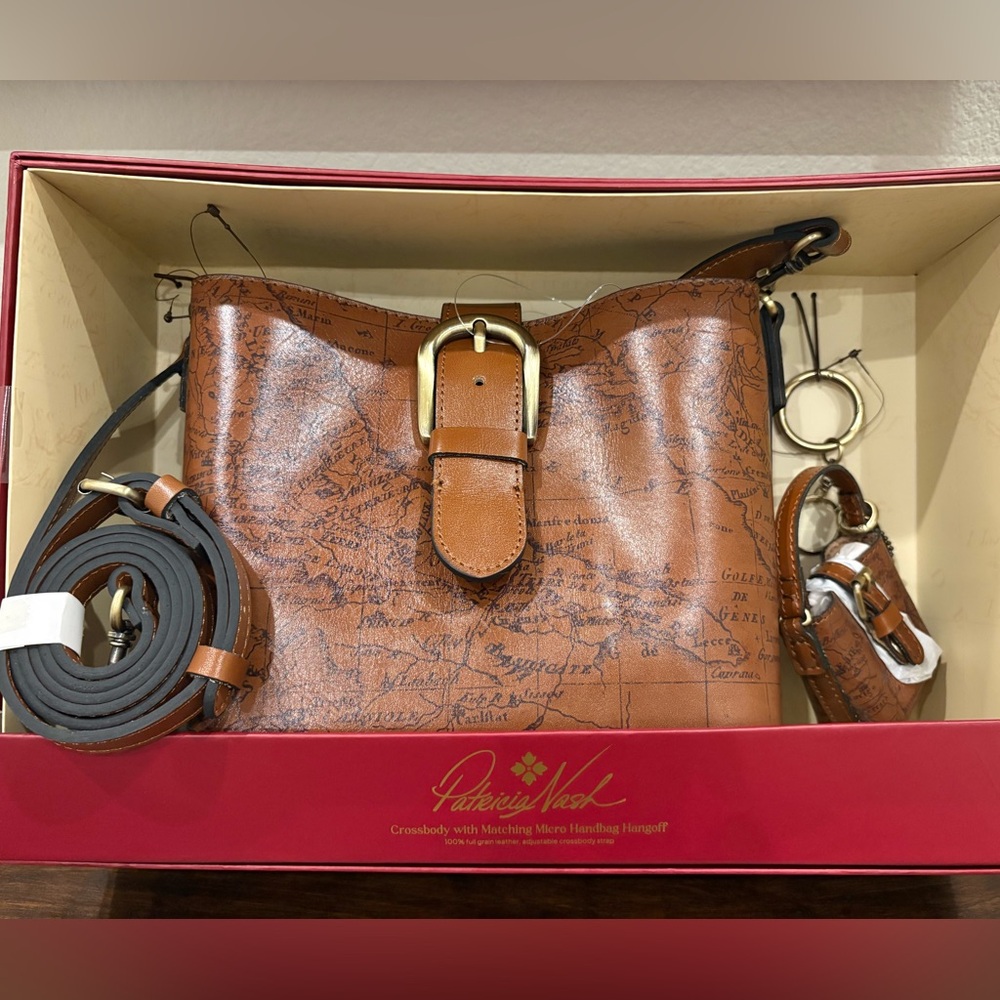 Patricia Nash Brown Leather Crossbody with Map Print